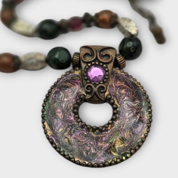 Chico’s Boho Beaded Statement Necklace with Round Pendant Purple Gem - Picture 5 of 8